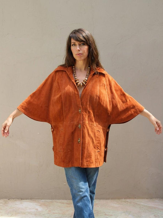 Vintage 70s Suede Leather Cape Jacket Tawny Burnt Orange DeerSkin Capelette