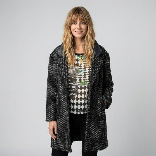 Vintage Tweed Wool Coat Leather Collar Winter Jacket Size Medium