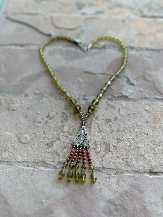 Beaded Necklace 1920s Style Red Sun Sitara Glass Boho GIFT Statement Vintage Drop Necklace