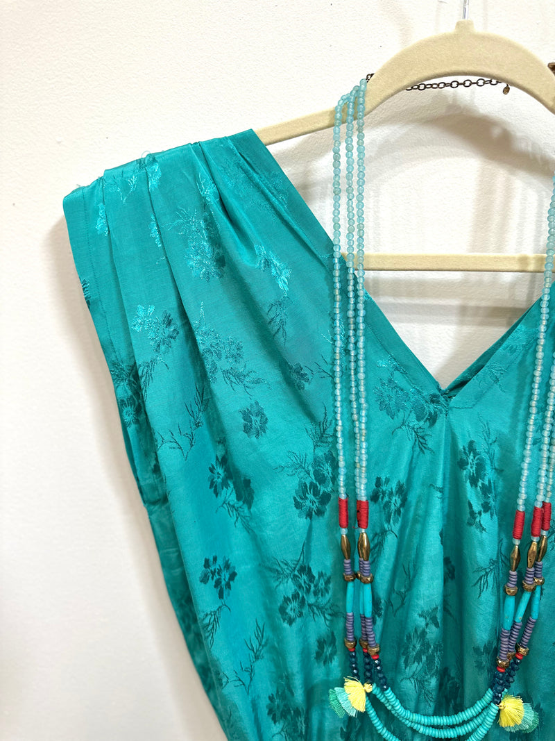 Vintage Sundress Sz. L Teal Floral Brocade Party Dress Midi Length Pocket Dress Size Large