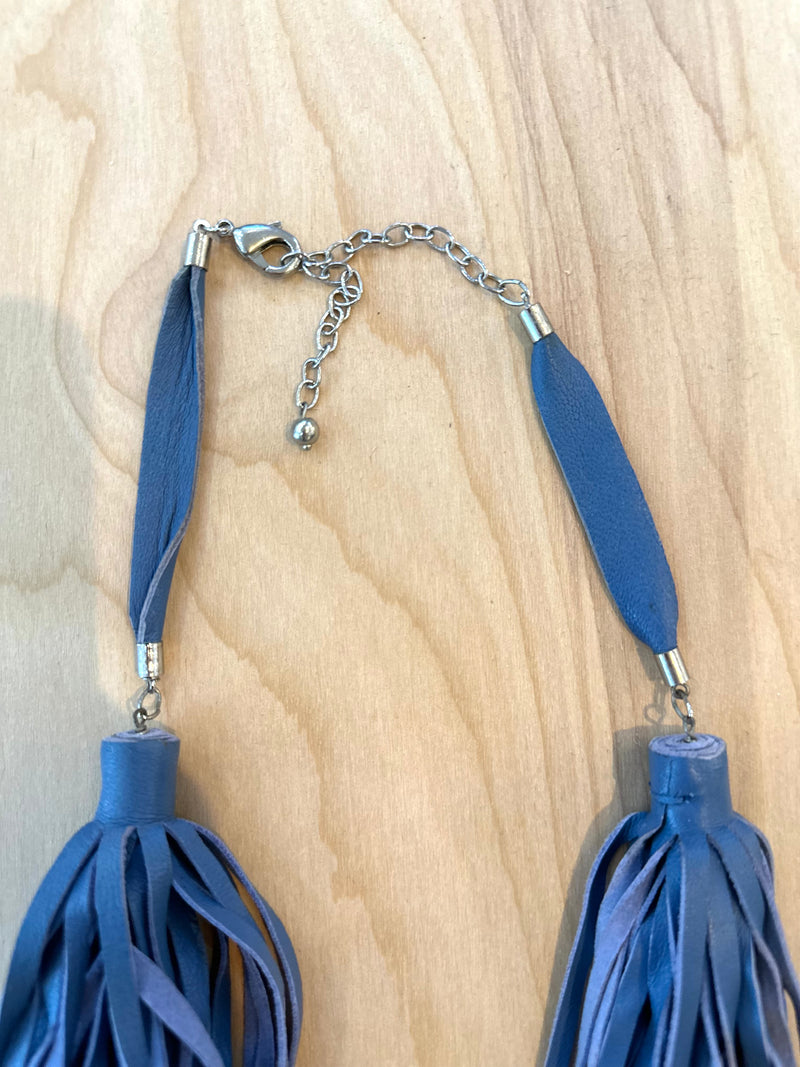 Cut Leather Fringe Strand Blue Necklace Avant Garde Modernist Statement Necklace