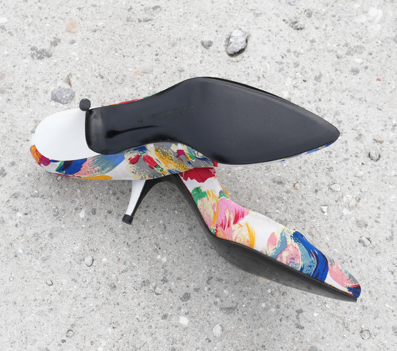 Vintage Pumps Sz. 9 Colorful Floral ABSTRACT 80s Retro Heels Made in ITALY Handmade COUTURE Size 9