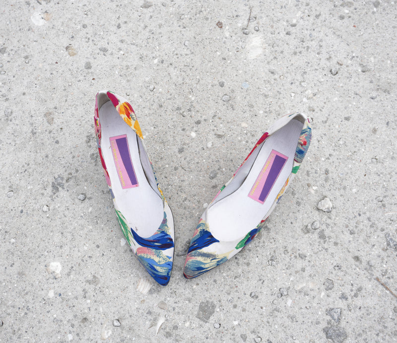 Vintage Pumps Sz. 9 Colorful Floral ABSTRACT 80s Retro Heels Made in ITALY Handmade COUTURE Size 9
