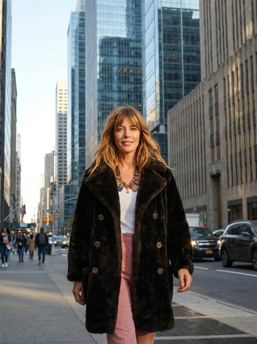 Vintage 70s Faux Fur Coat Brown Double Breasted Peacoat Winter Jacket