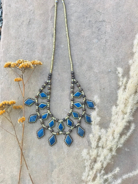 Boho Necklace Lapis Lazuli Blue Diamond Medallion Golden Brass Statement Vintage Necklace