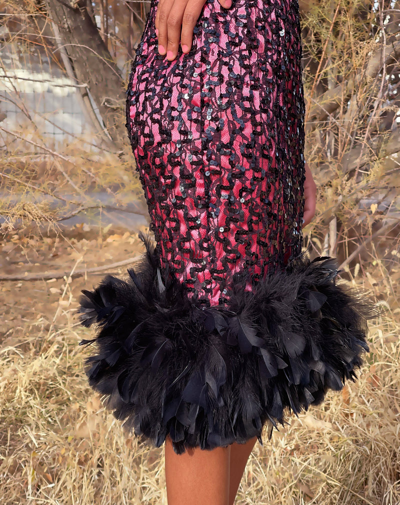 Party Dress Vintage SEQUINS FEATHER Evening Dress Bright Pink and Black Strapless Mini Formal Dress Size Small or 3/4