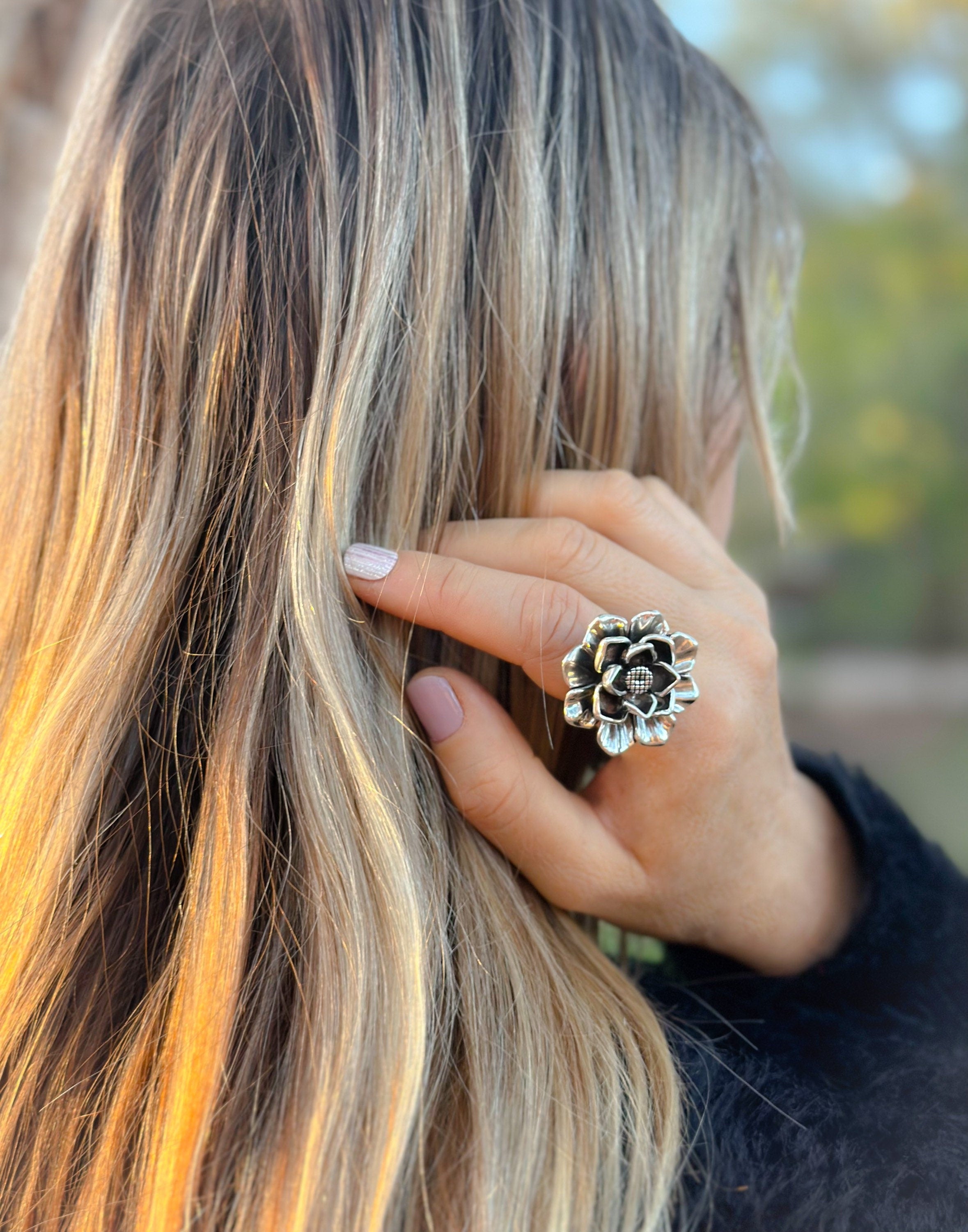 Flower Ring Sterling Silver ADJUSTABLE Large Ring All Sizes Flower Ring Sterling Silver ADJUSTABLE Large Ring All Sizes