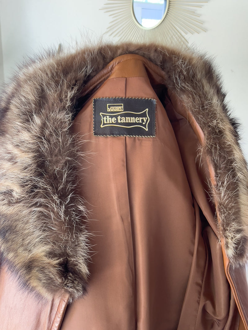 Vintage Penny Lane Coat Fur Leather Coat  Sz. M 1970s Chestnut Brown FUR Collar Jacket Size Medium