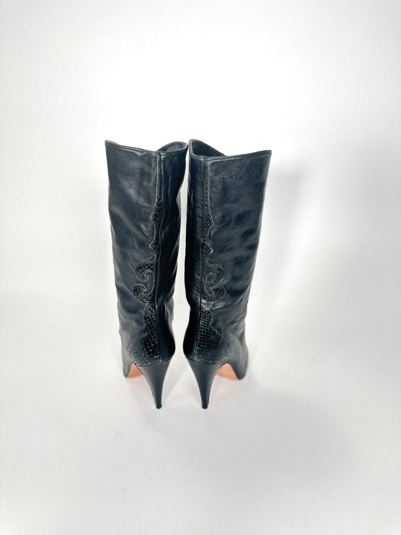 Tall Boots Size 8 Made in ITALY Black Leather Heeled Boots Designer Couture Booties Heels Sz. 8