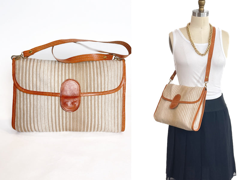Convertible Purse Leather and Canvas Stripe Minimalist Convertible Shoulder Bag Clutch Vintage ITALIAN Purse