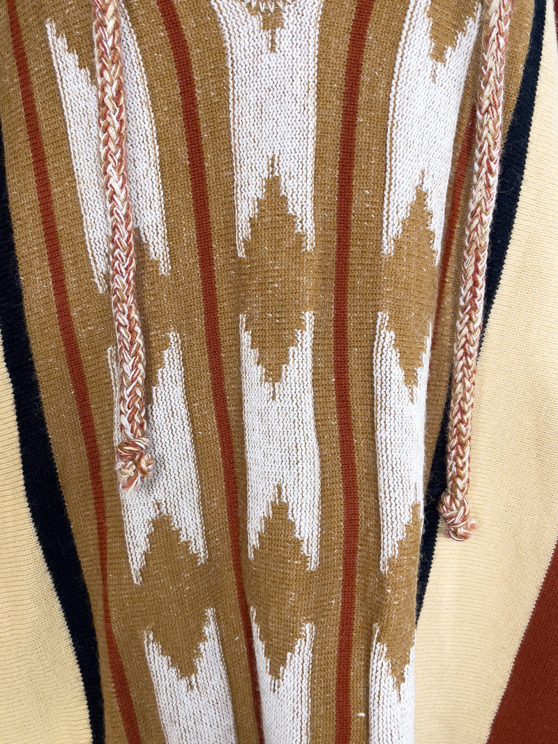 Southwestern Poncho 70s Fringe Shawl Cape Vintage 1970s Knit Hooded Sweater Free Size