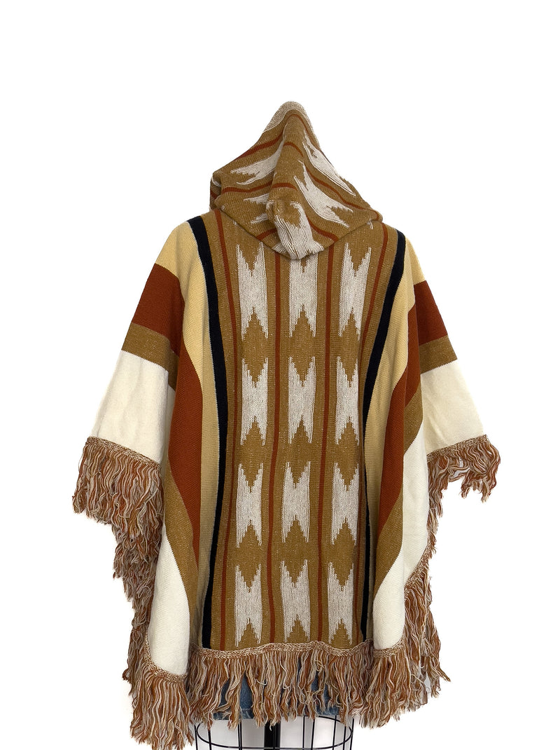 Southwestern Poncho 70s Fringe Shawl Cape Vintage 1970s Knit Hooded Sweater Free Size