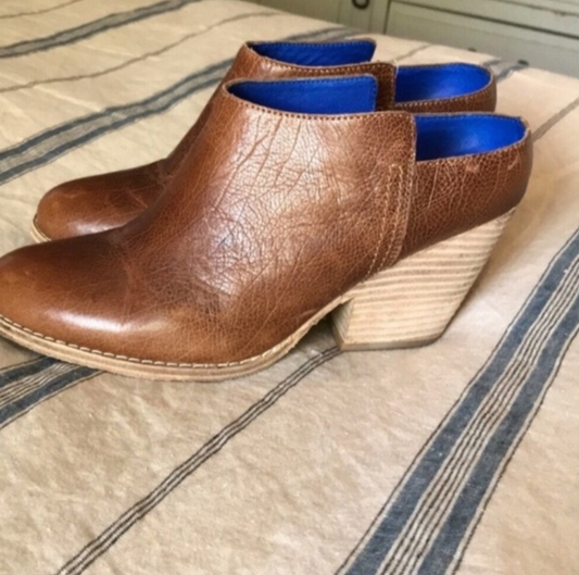 JEFFREY CAMPBELL Ankle Boots Size 9 Ibiza Last Vinton Brown Leather Stack Heel Mules Short Booties Sz. 9