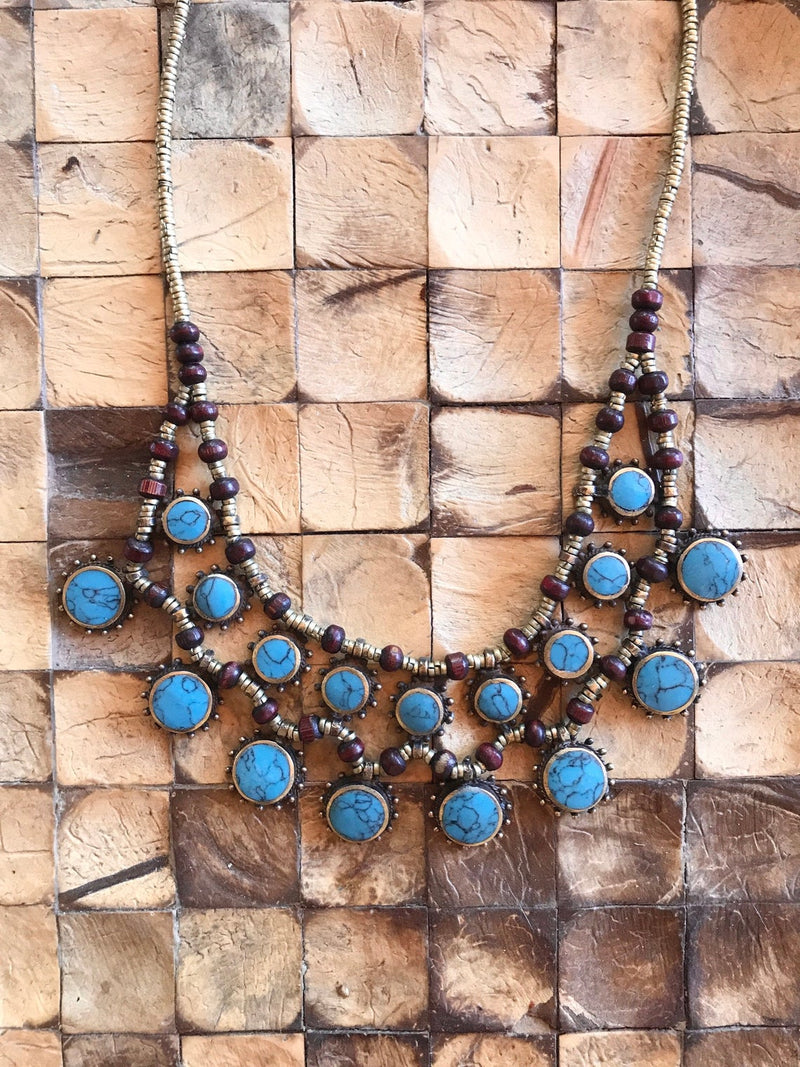 Vintage Necklace Turkish Turquoise Medallion Golden Brass BOHO Statement Vintage Necklace