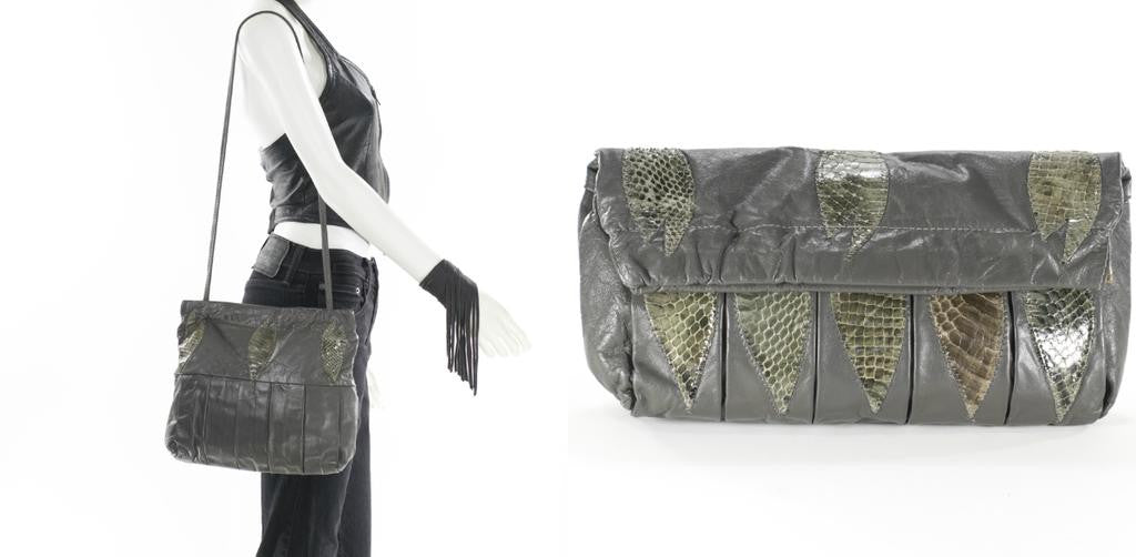 Vintage Gray Leather Bag Convertible Crossbody Clutch Purse Snakeskin Satchel