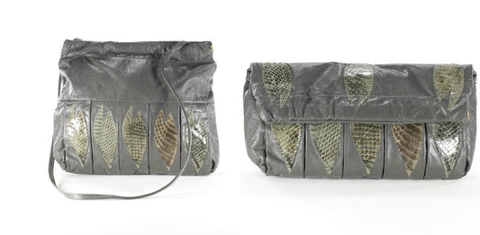 Vintage Gray Leather Bag Convertible Crossbody Clutch Purse Snakeskin Satchel