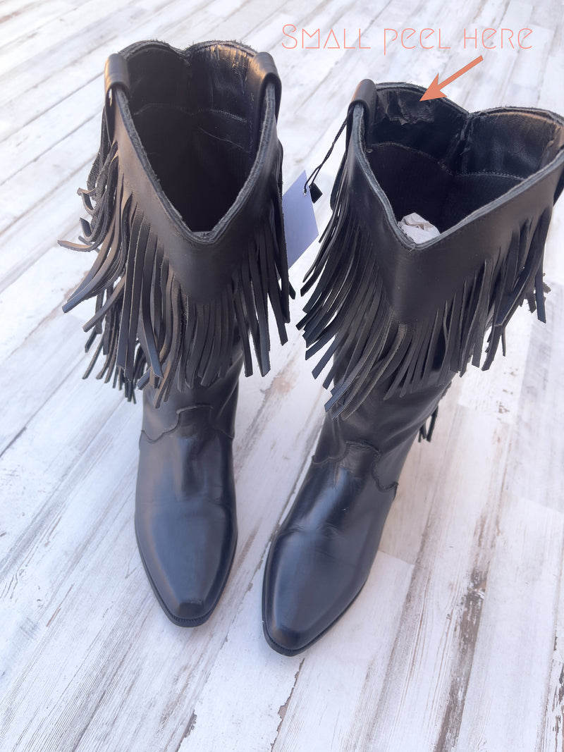 Fringe Boots Sz 6 Vintage Cowboy Boots  Black Leather Southwestern Cowgirl Boots Size 6