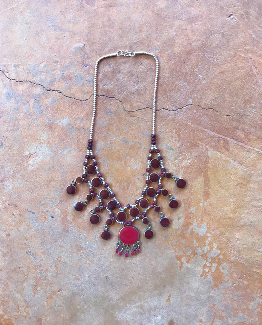Boho Necklace Turkish Medallion Burgundy Silver Statement Vintage Necklace