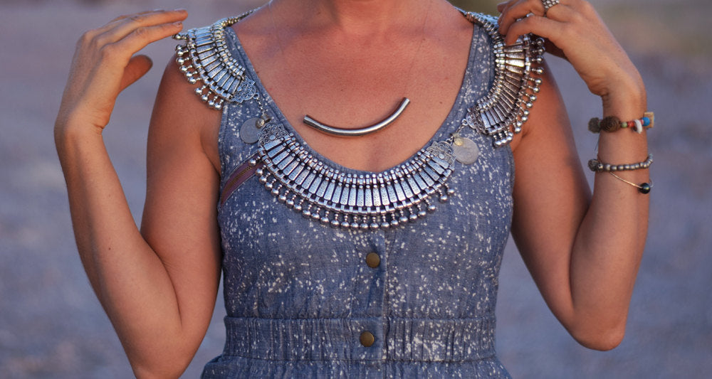 Bohemian Statement Necklace Shoulder Harness Necklace Turkish Silver Bib Festival Necklace