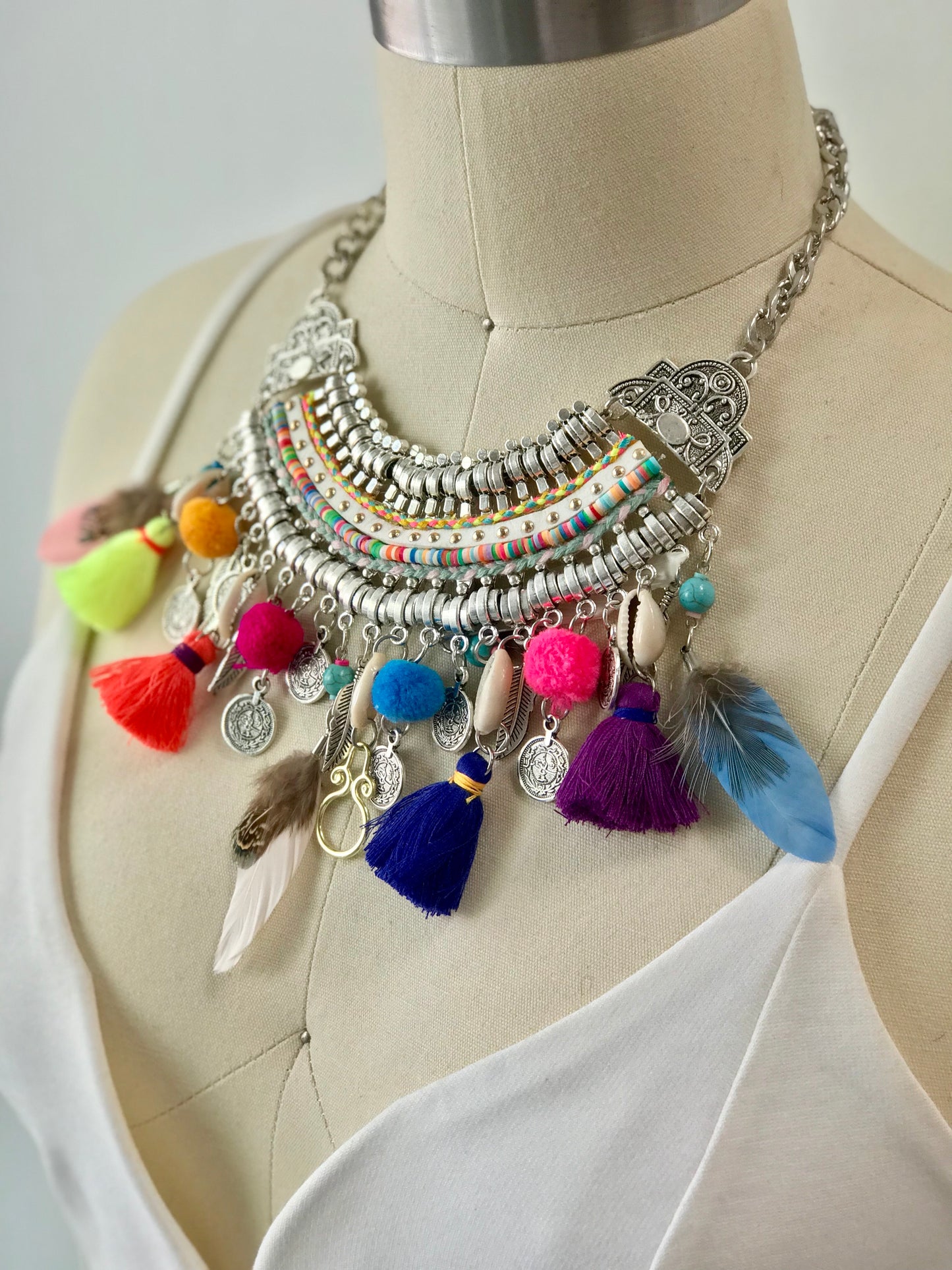 Statement Necklace Colorful Pom Fringe Boho Feather Bib Necklace