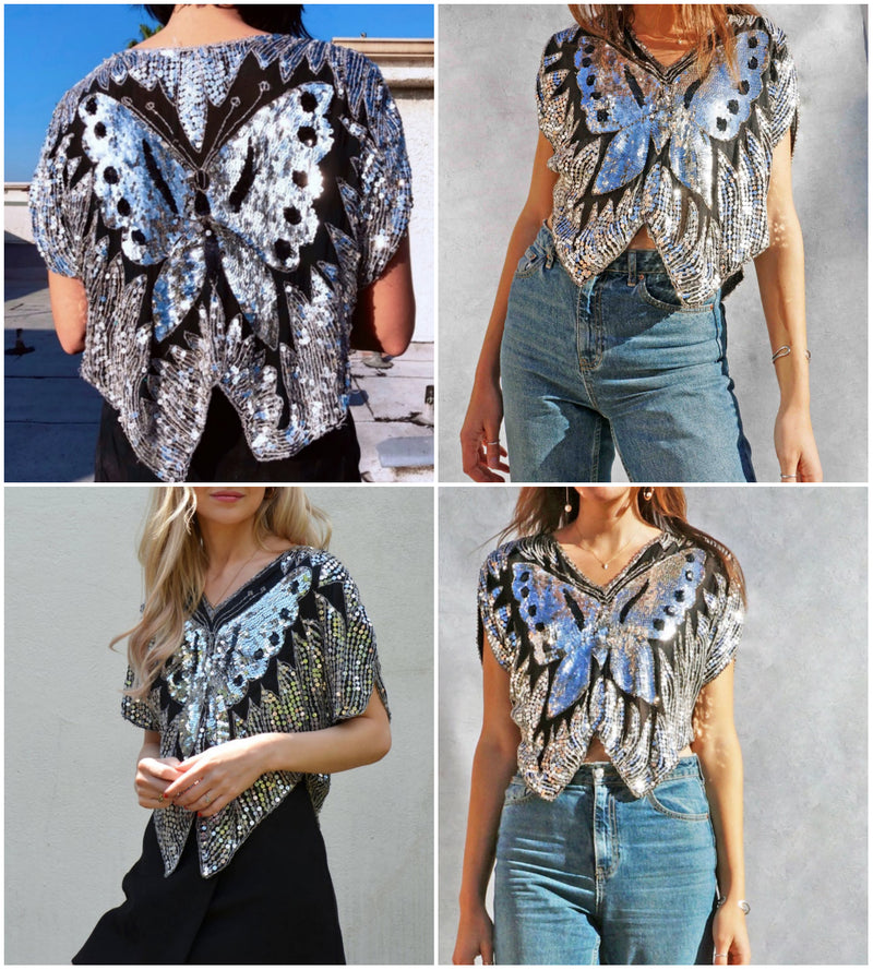 Vintage Silk Sequins Butterfly Blouse Vintage India Gauze 70s-80s Summer Festival Crop Top