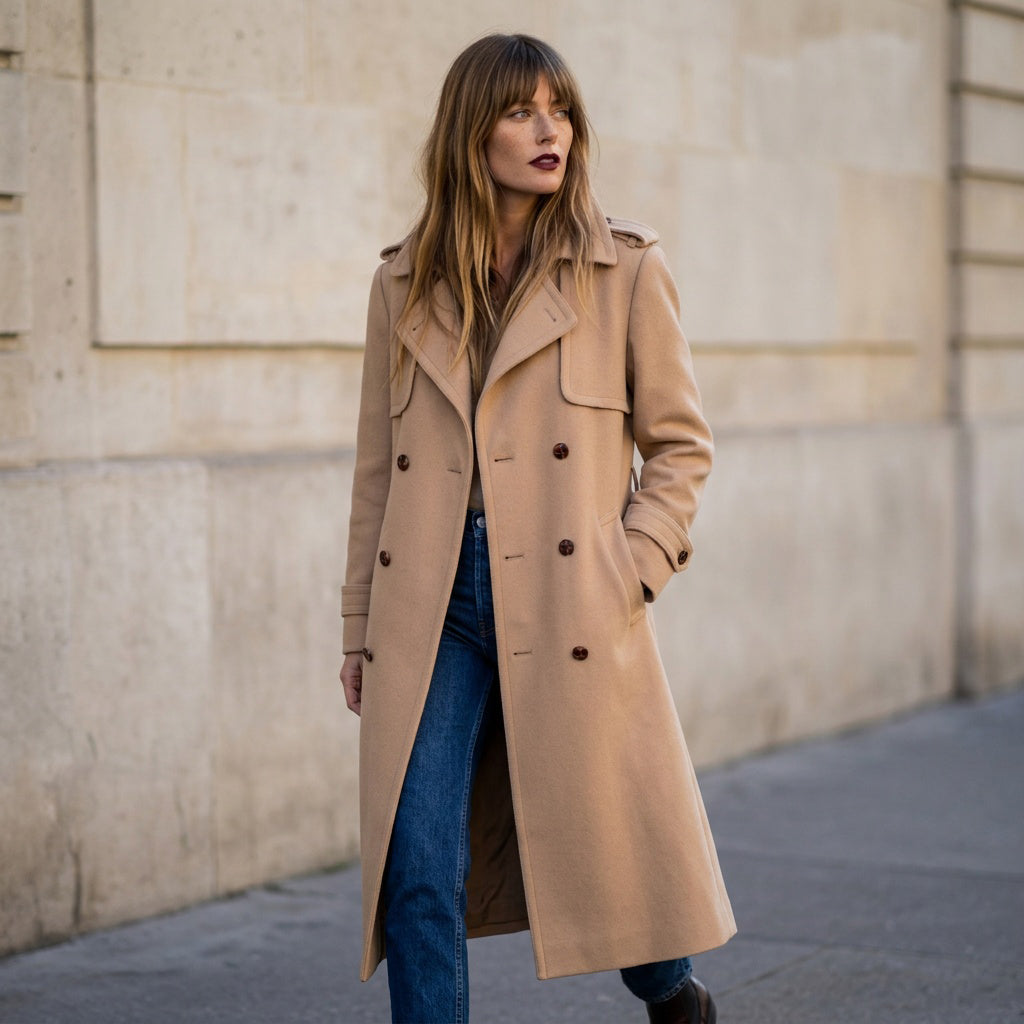 Vintage Camel Tan Wool Trench Heavy Pea Coat Unisex Jacket Size Medium