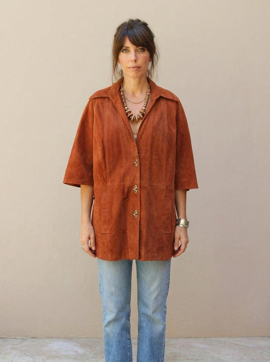 Vintage 70s Suede Leather Cape Jacket Tawny Burnt Orange DeerSkin Capelette