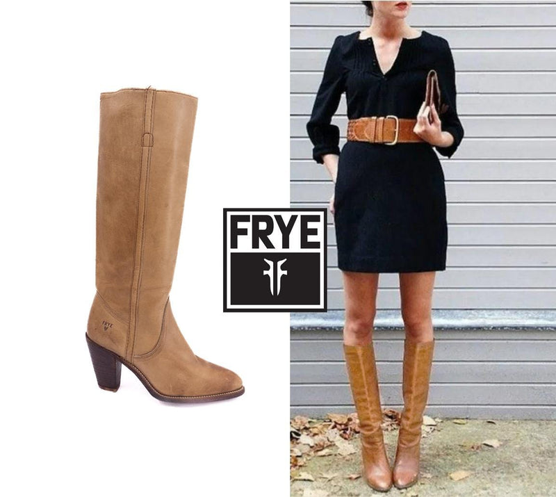 Vintage Frye Leather Knee-High Boots 1970s Tan Pointed Toe Block Heel Size 8.5