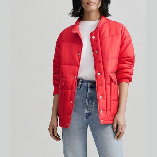 Vintage 1970s Red Quilted Puffer Jacket - Retro Insulated Workwear Coat Size Medium