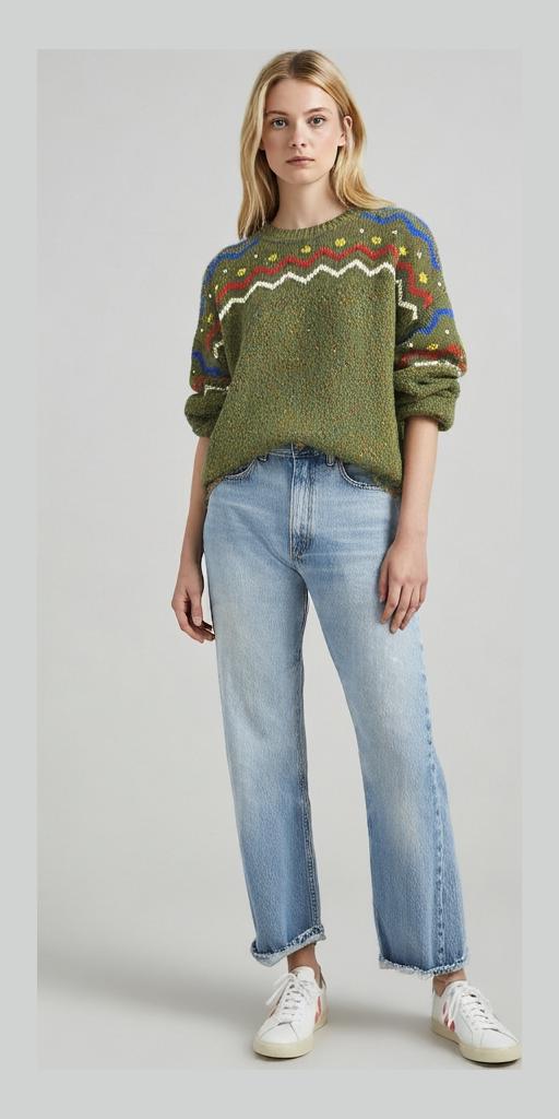 Vintage 1990s Sweater Colorful Green Geometric Knit Cozy Pullover Unisex Size Large