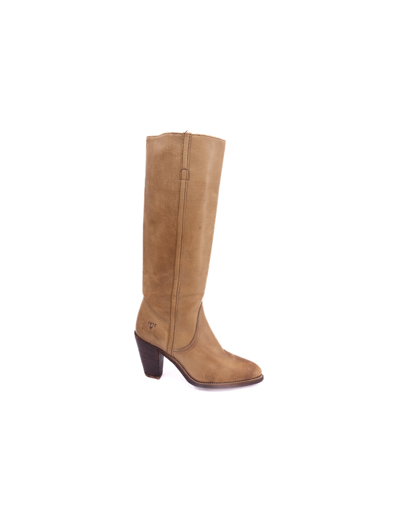 Vintage Frye Leather Knee-High Boots 1970s Tan Pointed Toe Block Heel Size 8.5