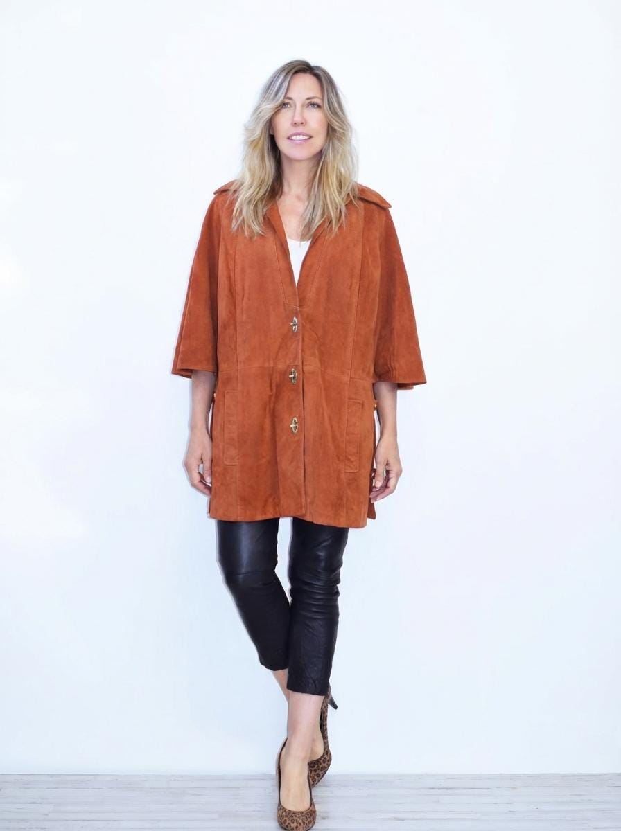 Vintage 70s Suede Leather Cape Jacket Tawny Burnt Orange DeerSkin Capelette