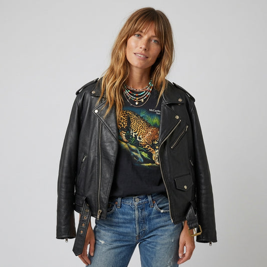 Vintage MOTO Jacket Black Leather Biker Motorcycle Jacket Size Large