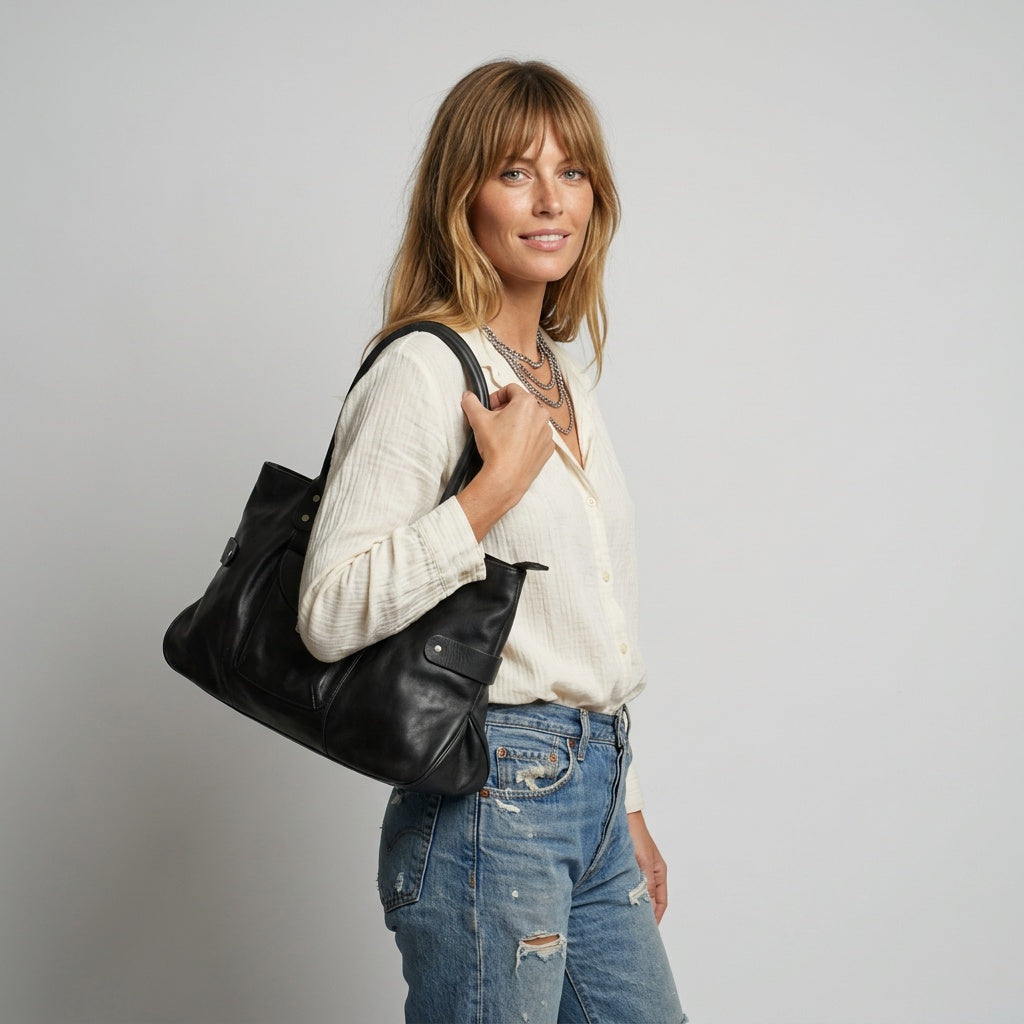 Black Leather Shoulder Bag Large Tote Handbag Weekender Travel School Bag
