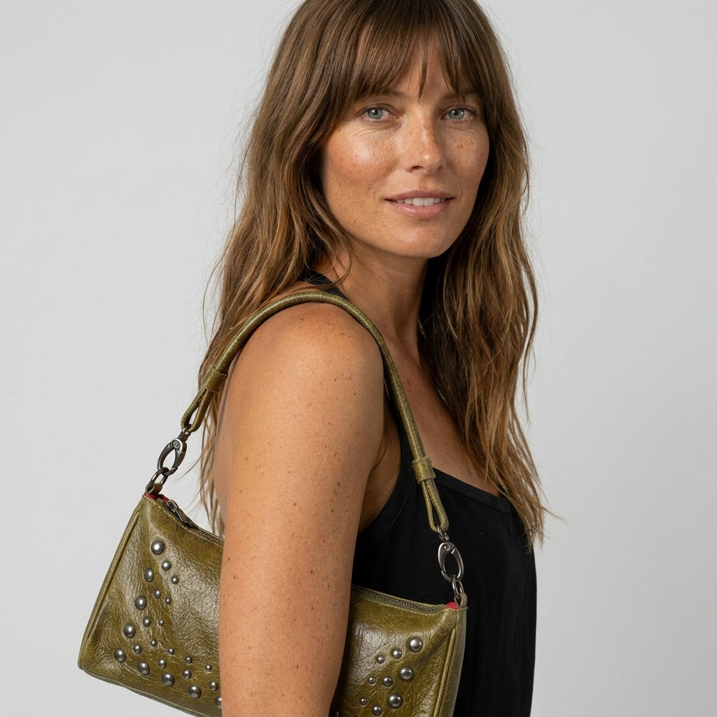 Olive Green Studded Leather Shoulder Bag Convertible Clutch