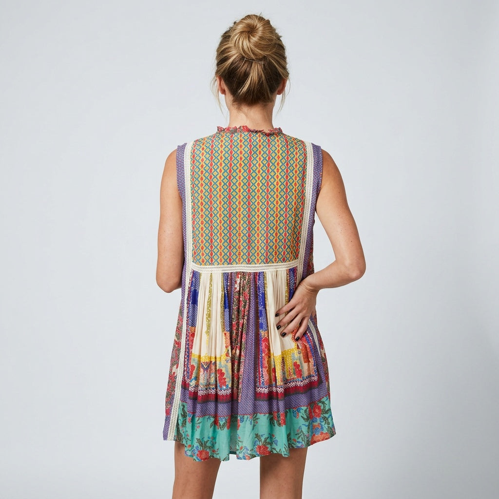 Vintage Sundress Handkerchief Patchwork Indian Silk Tassel Sleeveless Dress