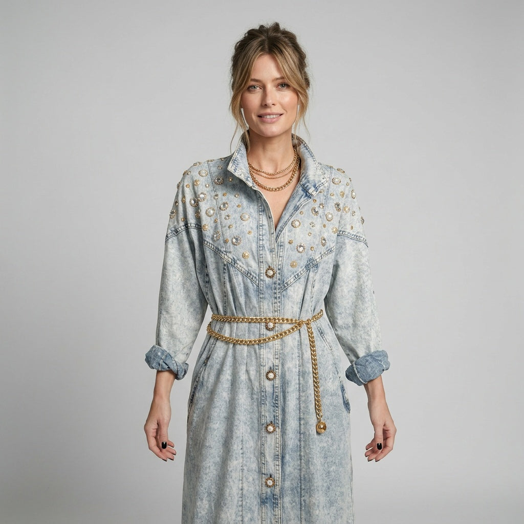 Embellished Vintage Avant-garde Denim Trench Coat Dress Batwing 1980s Glam Acid Wash Dress