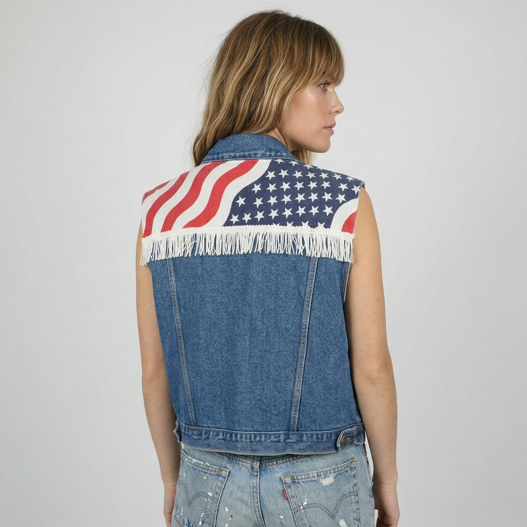 Vintage 80s 90s Denim Vest 4th Of July Patriotic USA Flag Jacket