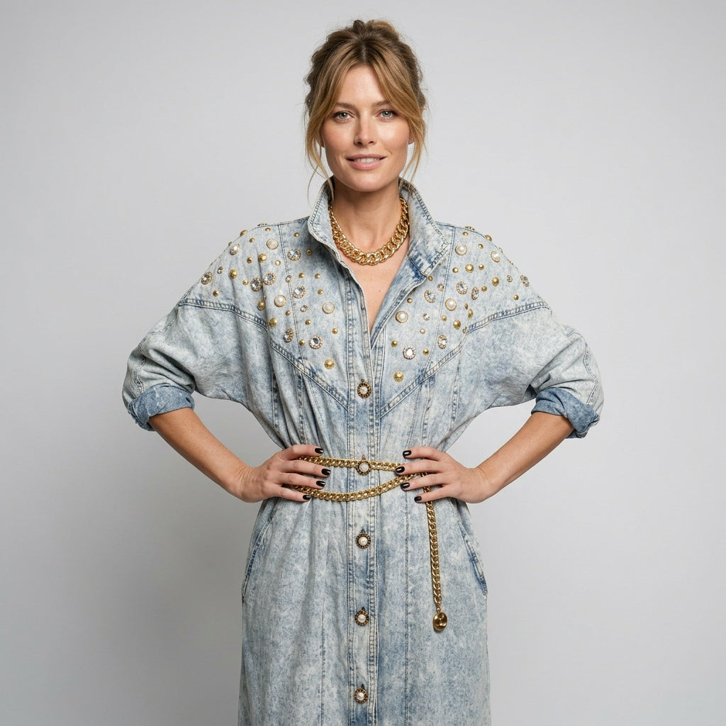 Embellished Vintage Avant-garde Denim Trench Coat Dress Batwing 1980s Glam Acid Wash Dress