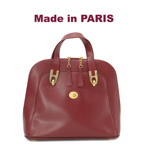 Red Purse Vintage Bag Made in PARIS Structured Leather Satchel Bag Top Handle Handbag