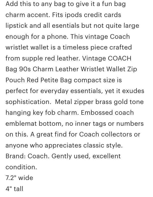 Vintage COACH Bag 90s Charm Leather Wristlet Wallet Zip Pouch Red Petite Bag