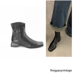 Leather Ankle Boots Size 9.5 Vintage 90s Black Booties Made in Italy Minimalist Square Toe Low Heel Sz. 91/2