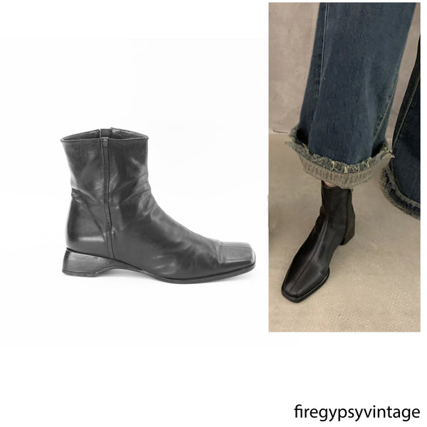 Leather Ankle Boots Size 9.5 Vintage 90s Black Booties Made in Italy Minimalist Square Toe Low Heel Sz. 91/2