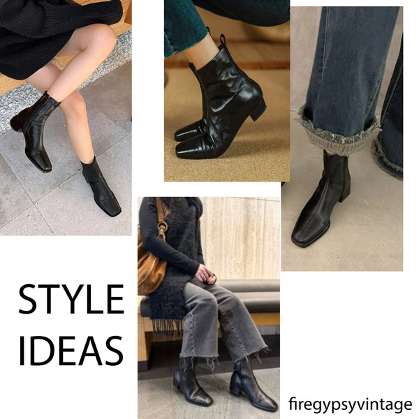 Leather Ankle Boots Size 9.5 Vintage 90s Black Booties Made in Italy Minimalist Square Toe Low Heel Sz. 91/2