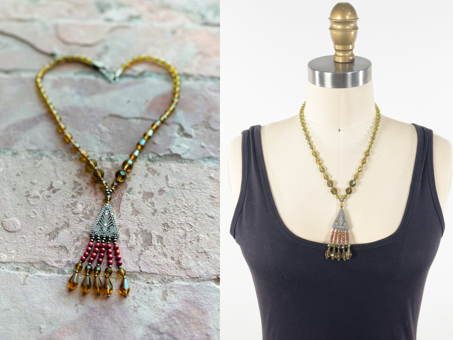 Beaded Necklace 1920s Style Red Sun Sitara Glass Boho GIFT Statement Vintage Drop Necklace