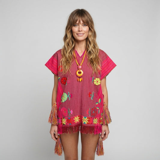 Boho Hand Embroidered Colorful Floral Fringe Guatemalan Mexican Cotton Tie Blouse