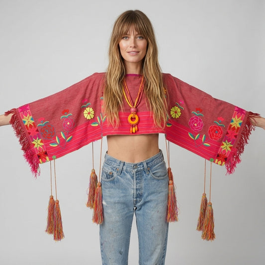 Boho Hand Embroidered Colorful Floral Fringe Guatemalan Mexican Cotton Tie Blouse