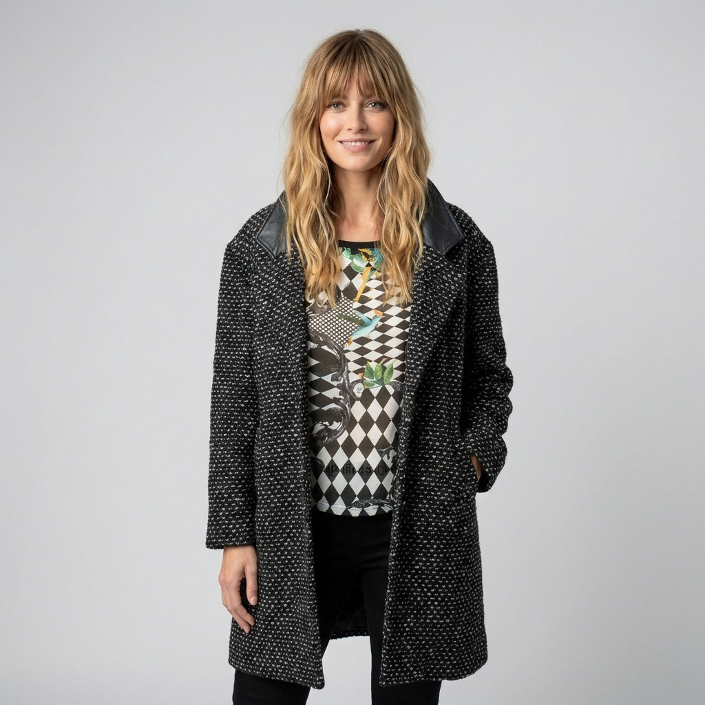 Vintage Tweed Wool Coat Leather Collar Winter Jacket Size Medium