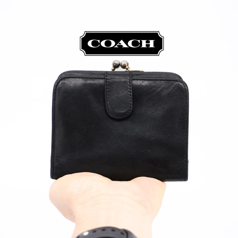 Vintage COACH Black Leather Tri-Fold Wallet with Kiss Clasp Compact Coin Purse