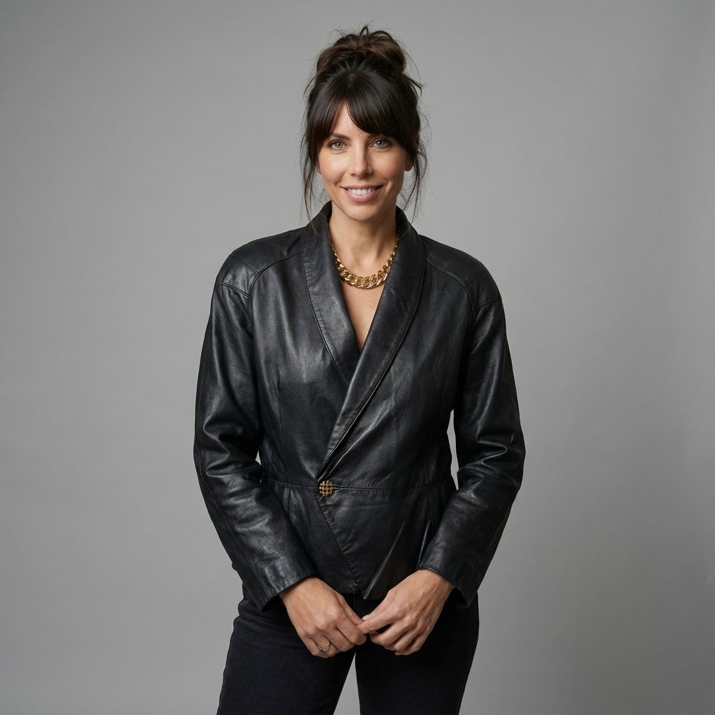 Vintage Black Leather Women's Moto Biker Style Cropped Blazer Dress Jacket